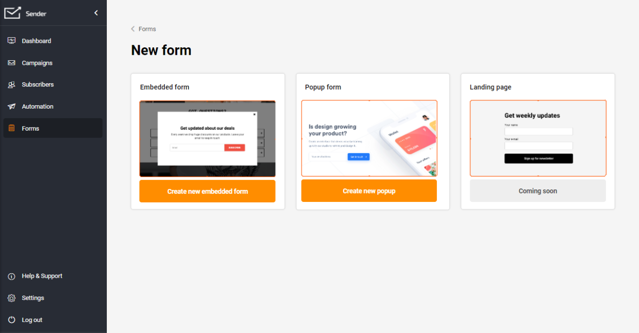 Guide on popups forms Sender Help Center